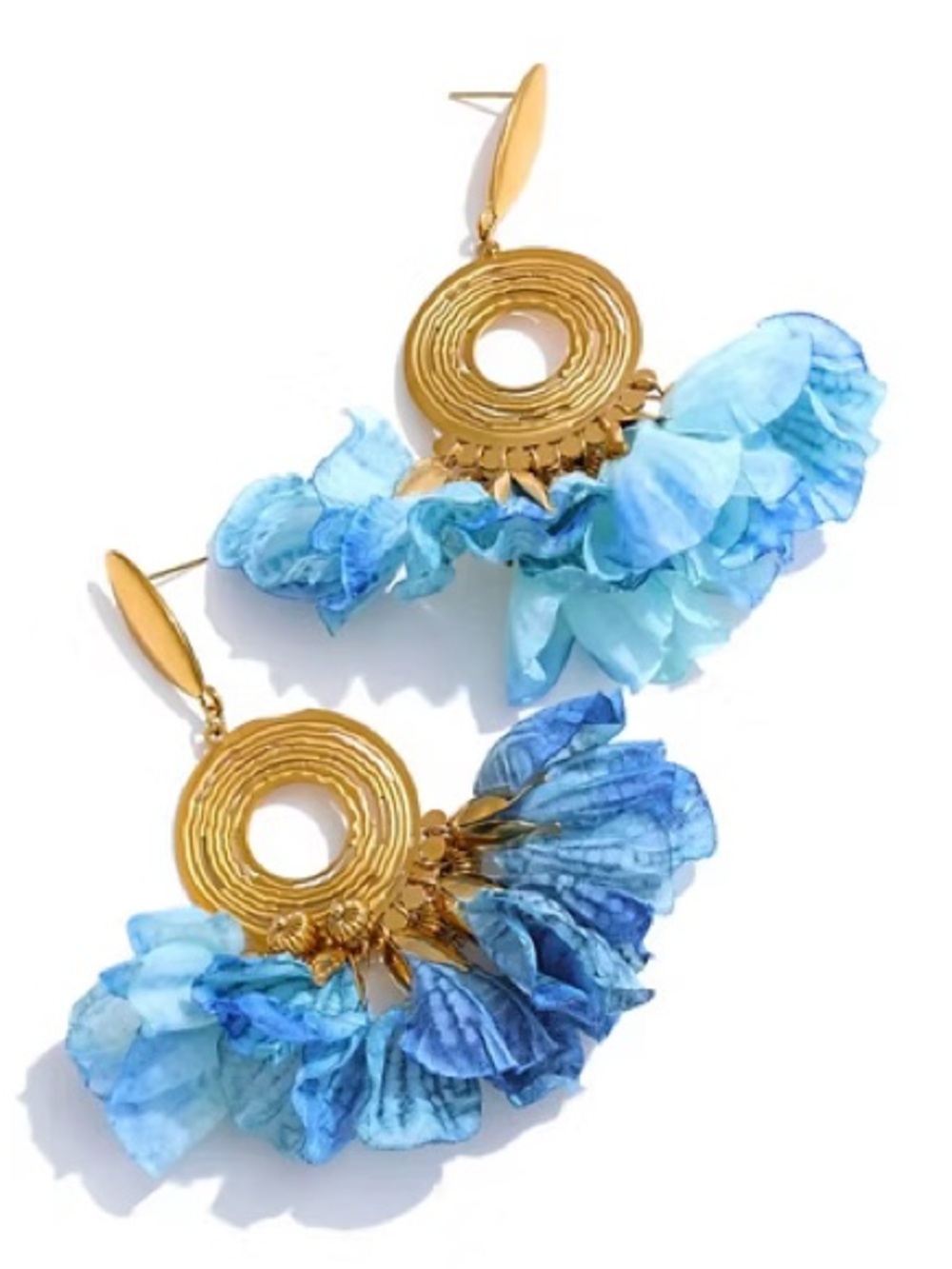 New in box Medina fine pearls Gold Hoop Drop Earrings with Blue Floral Accents